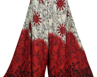 FLORAL Red White Gypsy Maxi Divided Skirt Recycled Silk Sari Printed High Waist Wide Leg Split Skirts S/M