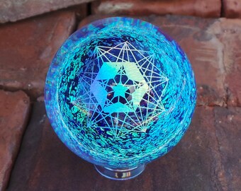 40mm Rainbow Sacred Geometry over Sky Blue Borosilicate Glass Lampworked Dichroic Marble