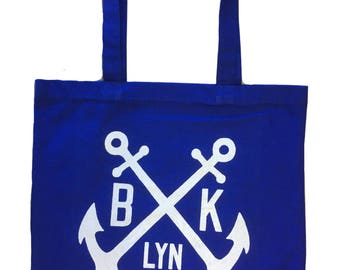 Brooklyn Anchor Tote Bag - Nautical Navy Yard New York NY NYC Vintage Inspired Sailor Natural Cotton Blue White Sea Ocean Navy