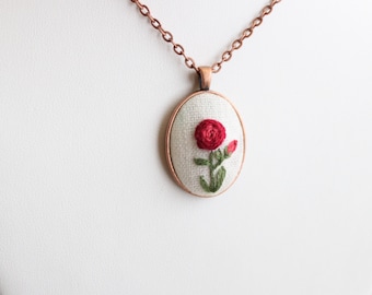 Embroidered Scarlet Rose Necklace - Vintage-Style Copper