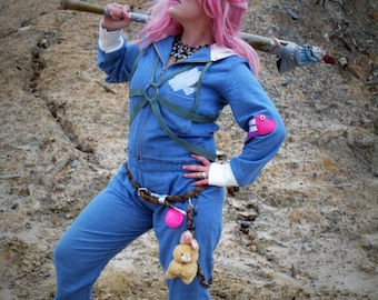 MADE TO ORDER Turbo Kid Apple Inspire Costume Set Jumpsuit chest harness belt with chain and pink fuzz ball cosplay halloween