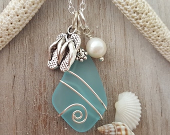 Hawaiian and island lifestyle flip-flops charm with Turquoise Bay blue sea glass necklace, freshwater pearl, FREE gift wrap, gift message
