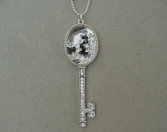 SALE Whimsical Rhinestone Silver Skeleton Key Necklace with FLOATING LOCKET necklace Floating locket with crystals Rhinestone skeleton key