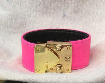 CC SKYE Hot Pink Wide Leather Goldtone Hardware Bracelet