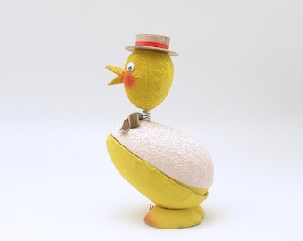 Vintage Easter Chick Bobblehead Paper Mache Candy Container