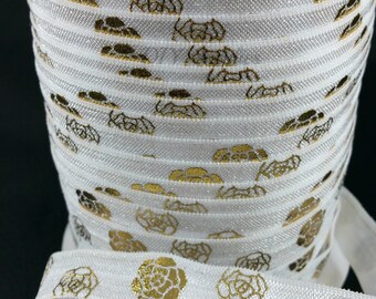White gold rose metallic fold over elastic, 5/8 Printed FOE, headband & hair tie elastic, gold elastic by the yard, foil elastic