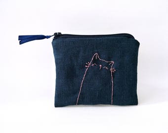 cat coin purse, blue, coin purse, embroidered, gold, cat, coin pouch, cat pouch, linen coin pouch, gift for girlfriend, cat pouch