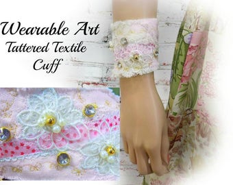 Fabric bracelet - Boho cuff - fabric cuff - trendy jewelry -Tattered textile cuff - Textile bracelet -fiber art cuff - # 234