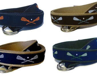 Lacrosse Belt, Lax Belt, Canvas D Ring Belt, White & Navy Web Belt, Khaki Preppy Webbing Belt for boys, girls, and kids