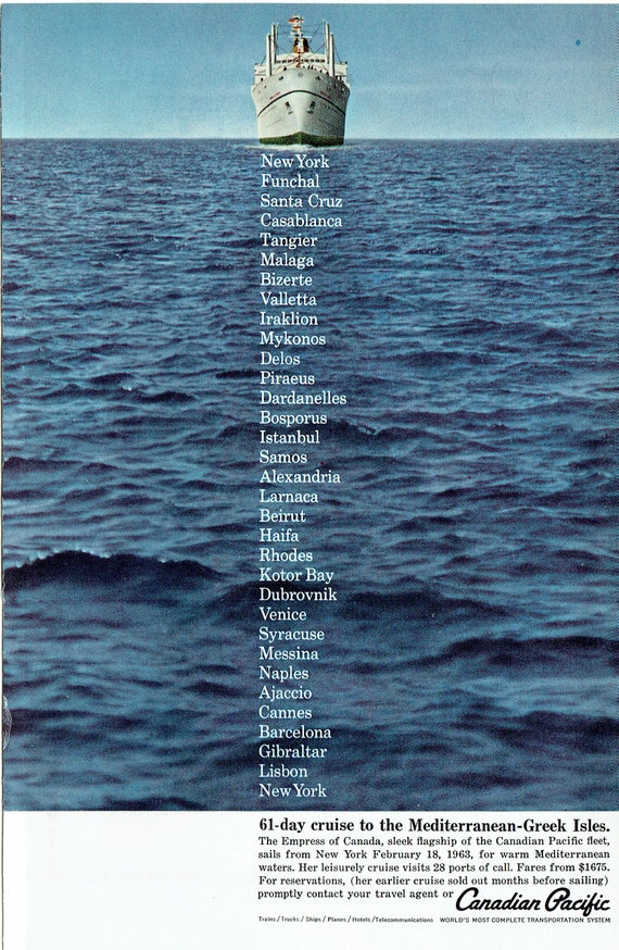 1963 Advertisement Canadian Pacific Cruise Ship To Mediterranean Greek IslesTravel Tourism Vacation Holiday Agent Office Wall Art Decor 1963 Advertisement Canadian Pacific Cruise Ship To Mediterranean Greek IslesTravel Tourism Vacation Holiday Agent Office Wall Art Decor