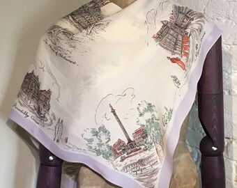 1940s 1950s Novelty Print London Souvenir, Tourist, Holiday Crepe Scarf