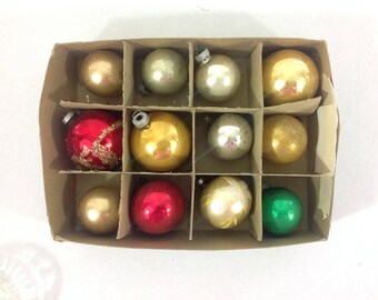 Vintage Mercury Glass Christmas Tree Ornaments Set of 12, Shiny Brite, Hand Blown, Mica, Glitter