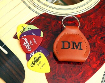 Leather Guitar Pick Holder Custom Engraved Wooden Personalized Plectrum Personalized Fathers Day Gift for Musician for Him for Husband