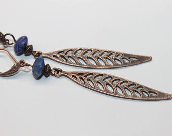 Lapis Copper Earrings, Lapis Earrings, Lapis Lazuli Earrings, Leaf Earrings, Boho Earrings, Boho Jewelry , Dangle Earrings, Gift For women