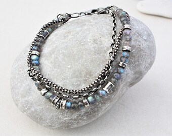 Oxidized sterling silver and labradorite bracelet, multistrand bracelet, multi chain bracelet, oxidized silver bracelet, artisan jewelry