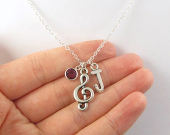Treble Clef Necklace- choose a birthstone and initial, Treble Clef Jewelry, Music Necklace, Music Jewelry, Personalized Music, Music Gift