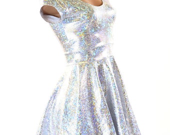 Silver & White Shattered Glass Holographic Scoop Neck Cap Sleeve Fit and Flare Skater Skate Dress 151260