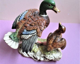Mallard Ducks Figurine Mother Duck and Duckling Large Vintage Ceramic Figures UCCTI Japan Figural Nature Nursery Children Home Decor