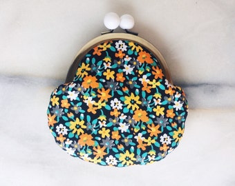 Coin Purse - Cotton Knob Purse - Black Orange Floral