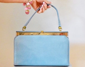 60s Handbag / 60s Vintage Handbag / Vintage Handbag / Top Handle Bag / Blue / Patent Leather / Vintage Purse / Vintage Pocketbook / Mad Men