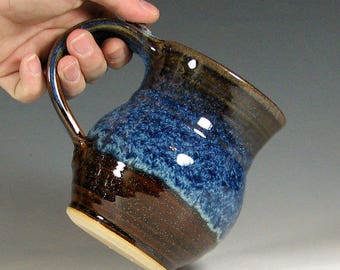 Made to Order 4-6 weeks Mug coffee ceramic, glazed in brown and blue, tea cup stoneware, handmade by hughes pottery