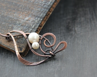 Shawl pin, scarf pin, sweater pin, brooch Flower pod, antique copper and pearl shawl pin, textured, hammered, wire wrap, knitting accessory