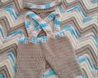 Crocheted Chevron Baby Boy Afghan Set