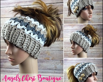 READY TO SHIP - Crochet Messy Bun Beanie, Top Knot Beanie, Running hat, Ponytail Beanie, Mom Bun by Angel Chest Boutique