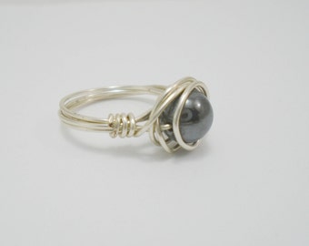Hematite Wire Wrapped Ring, Handmade Hematite Ring, Hematite Jewellery, gemstone jewelry, Grey gemstone wire ring, unique gift for her
