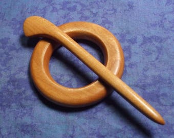 Hand carved shawl pin and ring set in cherry wood