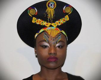 Bespoke Zulu Hat (Isicholo) - Black embellished with beads