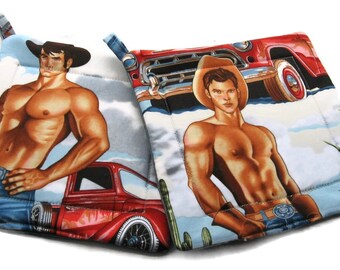Handmade Quilted Pot holders Hot Cowboys Set of 2 Blue Potholders