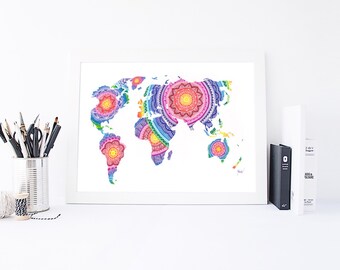 World map - World Map Print - Mandala Wall Art - Wall Art - Home Decor - World Map Art - World Map Poster - Large World Map - World Map