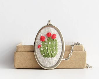 Cactus necklace, succulent pendant, flowering cacti jewelry, desert plant, San Pedro cactus, hand embroidered necklace