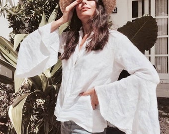 Hamilton Bell Sleeve Linen Top - White Linen Button Up Collared Top - Loose Fitting Shirt - White Linen Blouse