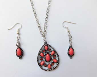 Coral Teardrop Necklace and Earring Set