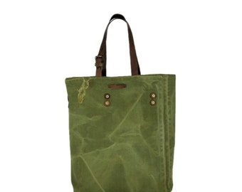 Large tote bag from recycled military canvas, large canvas bag, canvas tote bag, tote bag with leather straps