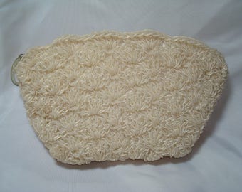 1960s Heavy Ivory Colored Wavy Seedbead Clutch Bag.