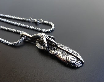 Eagle Claw Feather Pendant Necklace, Native American jewelry, Biker jewelry, Feather Necklace, Feather Eagle Claw Stainless Steel Necklace