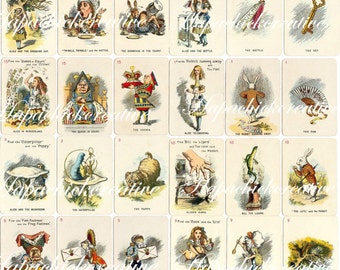 Printable Alice in Wonderland Playing Cards - Set of 24 Digital Download Vintage Tenniel Color Illustrations Decor Scrapbook