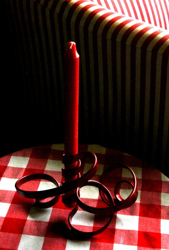 Artisan Metal Candleholder Handcrafted Freeform Red Ribbon Five Feet of Metal Hand Twisted Flowing Red Candle Holder Canadian Artist Aucoin
