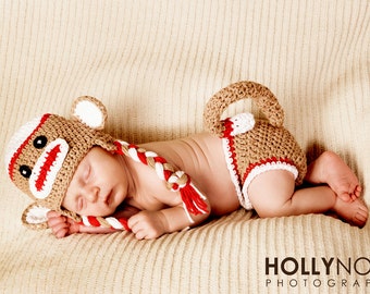 Sock monkey hat and diaper cover set newborn photography prop the sock monkey costume newborn halloween costume