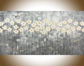Large wall art Black white wall art White flowers painting black white grey original artwork canvas art "Mist Morning" by qiqigallery