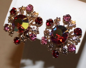 Stunning Vintage Pink Rhinestone and Red Aurora Borealis Earrings, AB