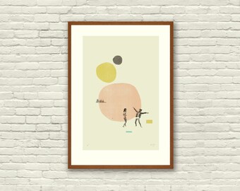 MOONRISE KINGDOM Wes Anderson Inspired Poster, Art Print - 12 x 18 Abstract Minimalist Shapes, Collage, Cut Paper, Mustard, Salmon, Fine Art