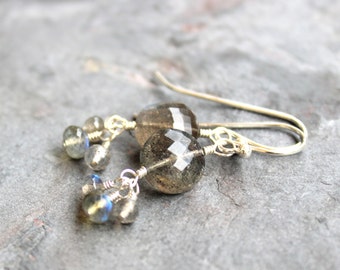 Labradorite Earrings Sterling Silver Grey Earrings, Dangle Cluster Gemstone Earrings