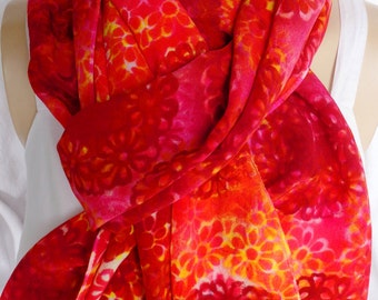 silk scarf large long luxury crepe hand painted Rotating Daisy unique red pink orange wearable art women