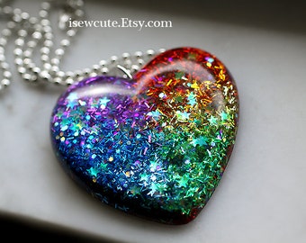 Statement Necklace - Somewhere Over the Rainbow You'll Find a Glitter Heart... handmade resin jewelry by isewcute