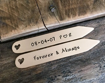 Hand stamped bronze collar stays anniversary wedding gift wedding date gift personalized collar stays 8 year anniversary husband gift