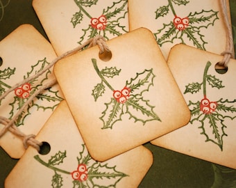 Holly Leaves and Berries Vintage Style Holiday Gift Tags Set of 6